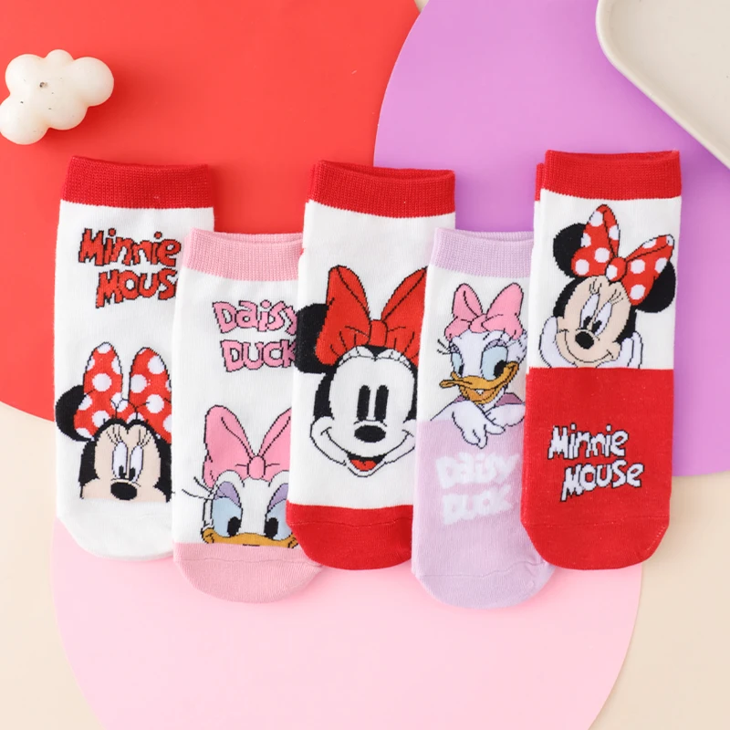 5 Pairs of Disney Sweet and Cute Minnie Mouse and Daisy Duck Cartoon Printed Cotton Medium Socks for Women Sweet Casual Socks view 3