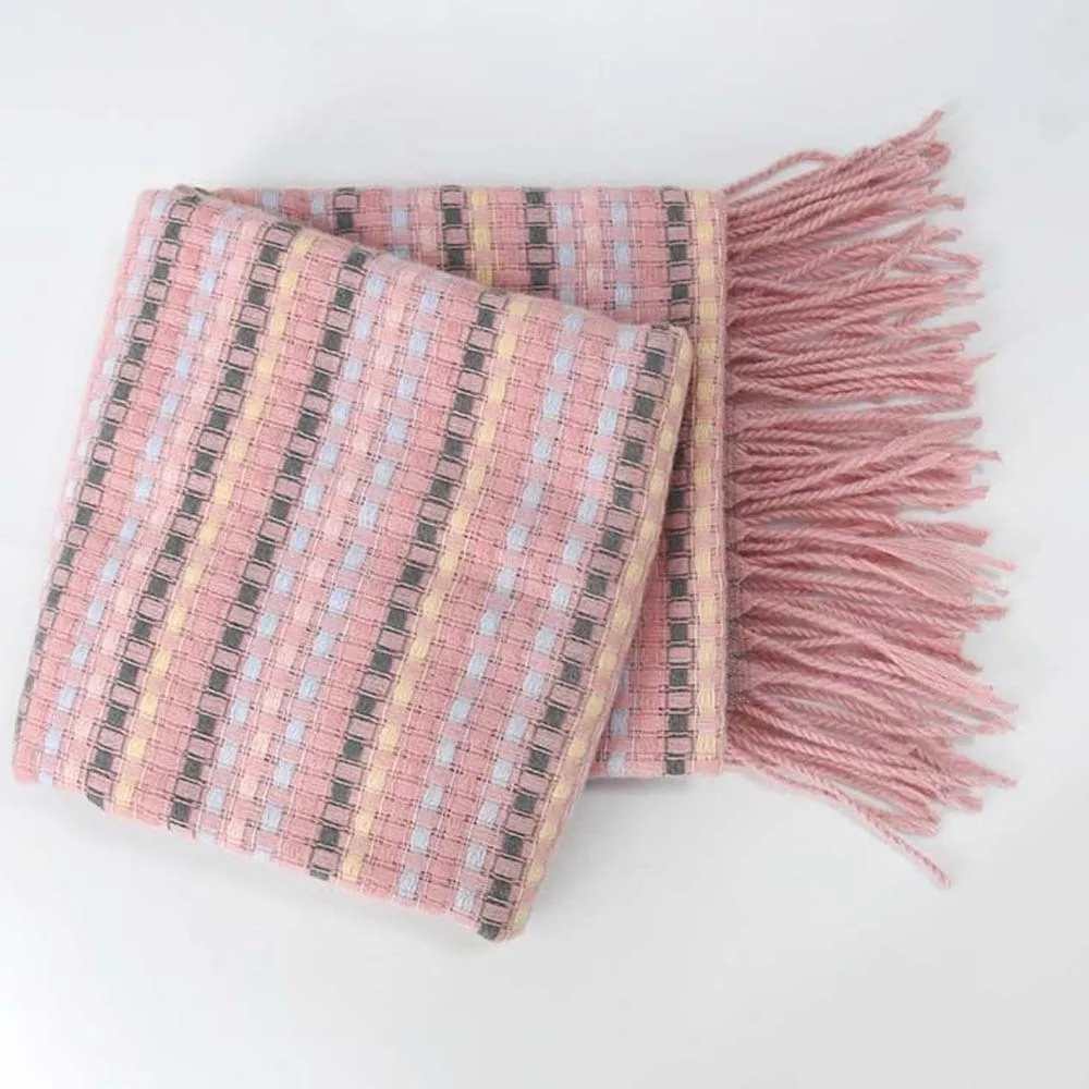 Soft Dopamine Plaid Scarf Anti-cold Korean Style Knitted Wool Shawl Contrast Color Polyester Long Neckscarf with Tassel Outdoor
