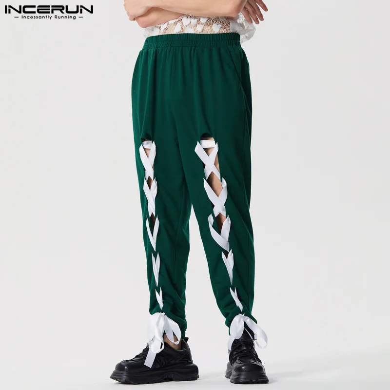 

INCERUN Men Pants Patchwork Elastic Waist Lace Up Casual Men Bottoms Hollow Out Streetwear 2024 Fashion Leisure Male Pants S-5XL