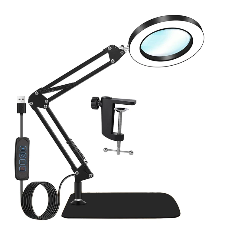 

10X Magnifying Glass With Light And Stand, Dimmer Adjustable Swing Arm 2-In-1 Desk Lamp And Clamp, LED Desk Magnifier