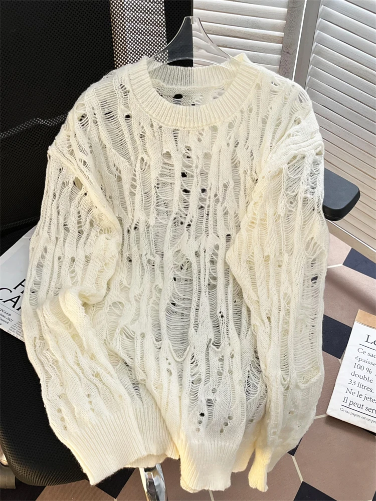 Loose Casual Men's Knitted Hollow out Overhead Sweater Versatile Lazy Style Hole Knit Cover up Top Summer round Neck Long Sleeve
