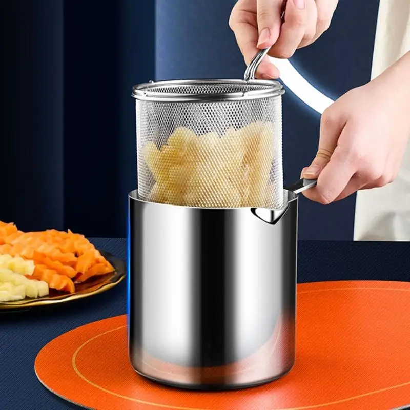 D0AB Compact 3 Quart Oil Saving Frying Pot Stainless Steel Basket Lid Multi Use Stovetop Safe