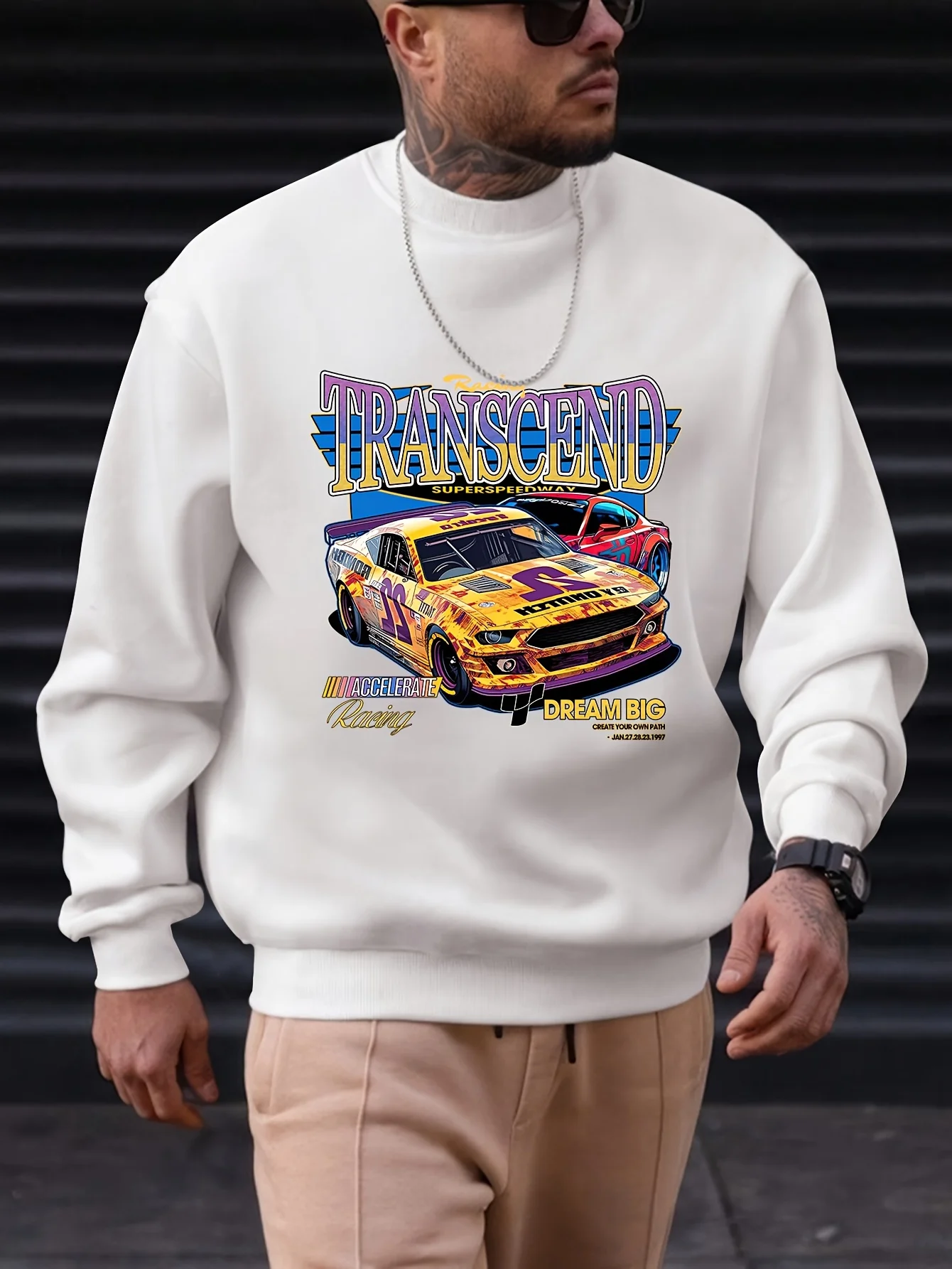 Transcend Racing Muscle Car Street Graphic Men T-Shirts Cotton Oversized Long Sleeve Loose T-Shirt Breathable Casual Tops