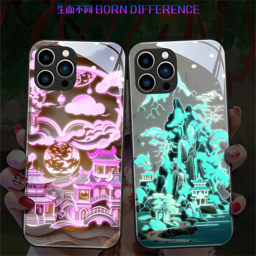 

Classical Landscape Pattern LED Light Glow Luminous Tempered Glass Phone Case For iPhone 15 14 13 12 11 Pro Max X XR XS 6 7 8