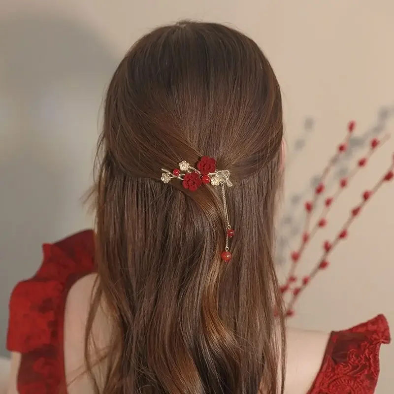 Women Girls 2026 New Chinese Style Mini Hair Clip Trendy Headwear Flower Tassels Ladies Hairpins Hair Accessories Red Headdress