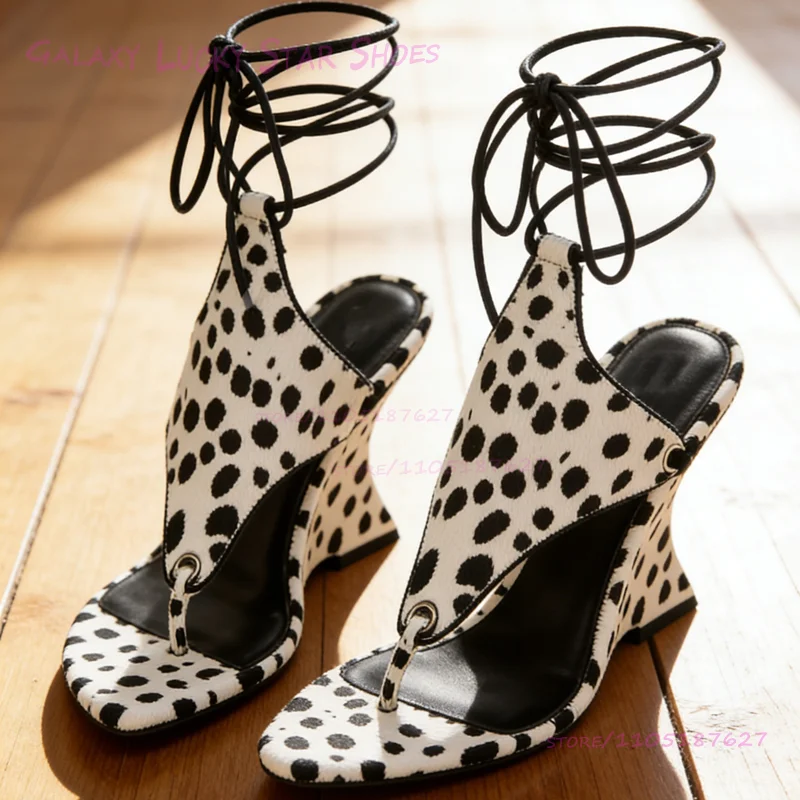 البني الجلد المدبوغ تابي صندل خشبي النساء أسود أبيض البولكا نقطة الأشرطة المفتوحة الكعوب جولة تو الأسود Slingback مثير المرقعة الأحذية #3