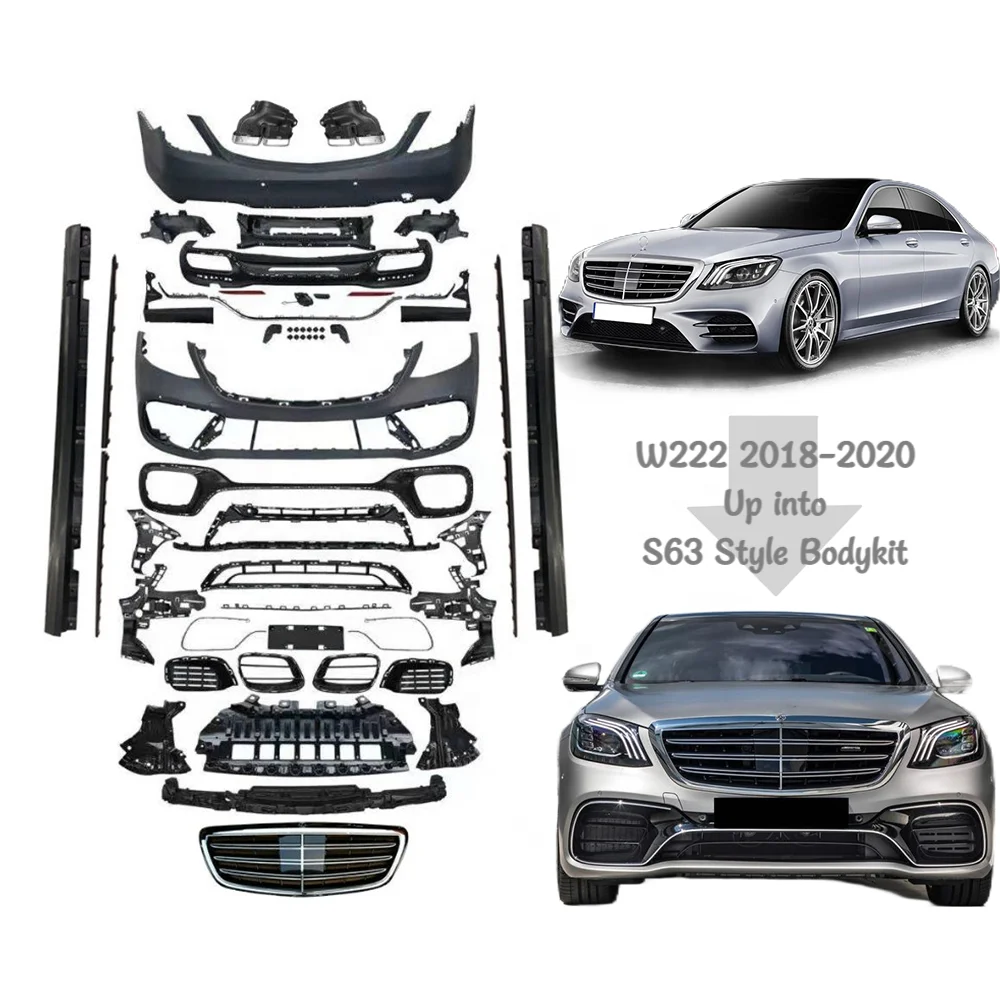 S Class W222 2018-2020 Upgrade to S63 Style Body Kit Front Bumper Rear Lip Exhaust Pipe Grille Side Skirt Headlight Tail Light