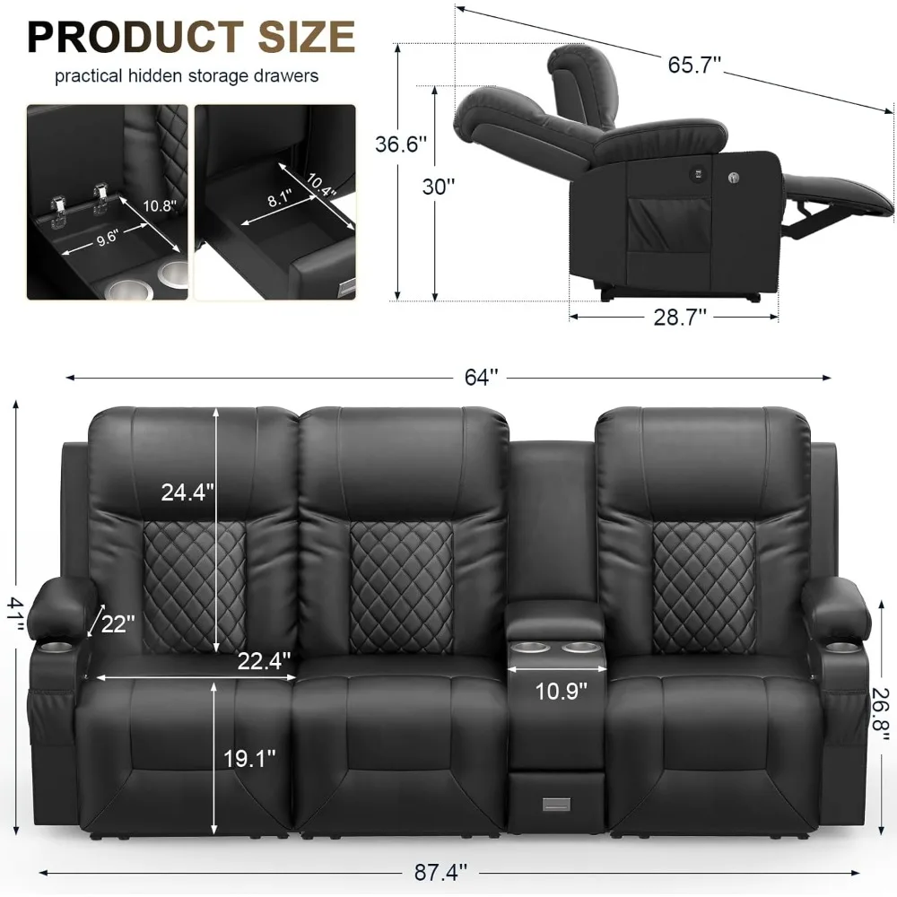 3 Seat Recliner Sofa, Large Reclining Sofa with Storage Console, Manual Reclining Chair with USB Ports, 2 Cell Phone Holder