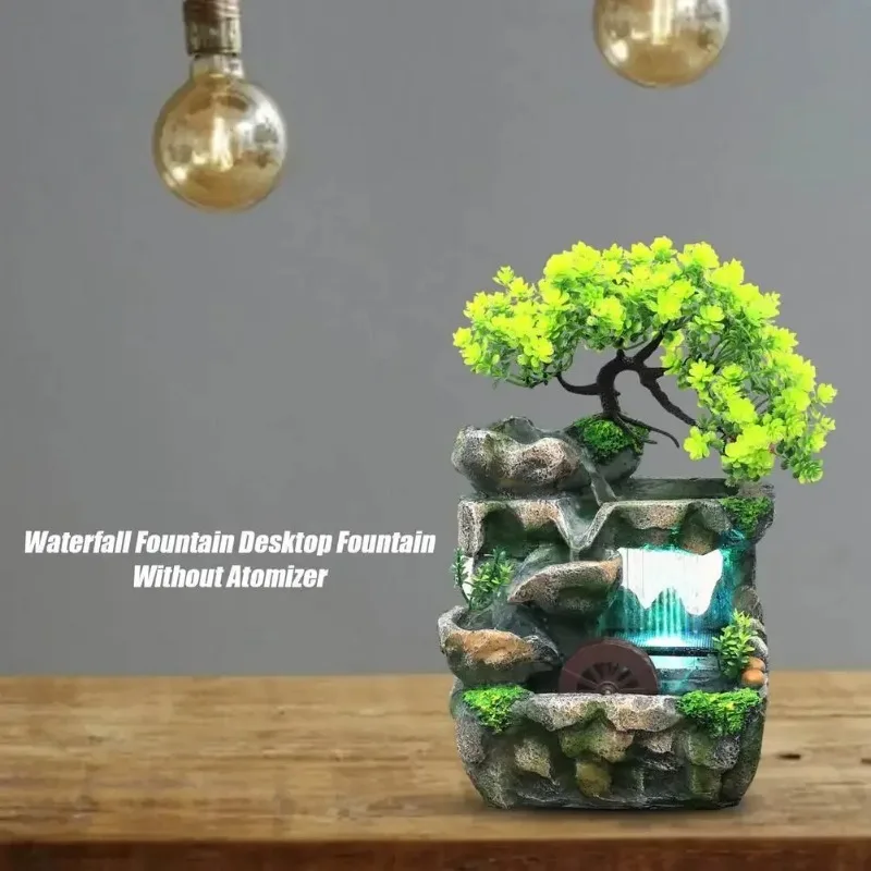 Creative Feng Shui Flowing Water Fountain Desktop Resin Rockery Landscape Waterfall Crafts with 7-Color Led Change Best Gift
