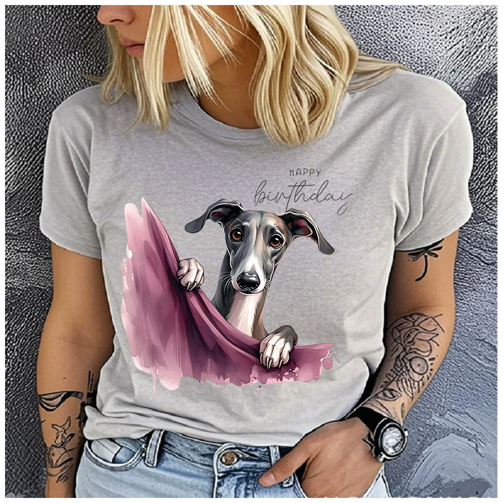 Cotton 100% Happy Birthday Greyhound Dog Print T Shirt Women Watercolor Sighthound Graphic Short Sleeve Dog Lover Birthday Casua