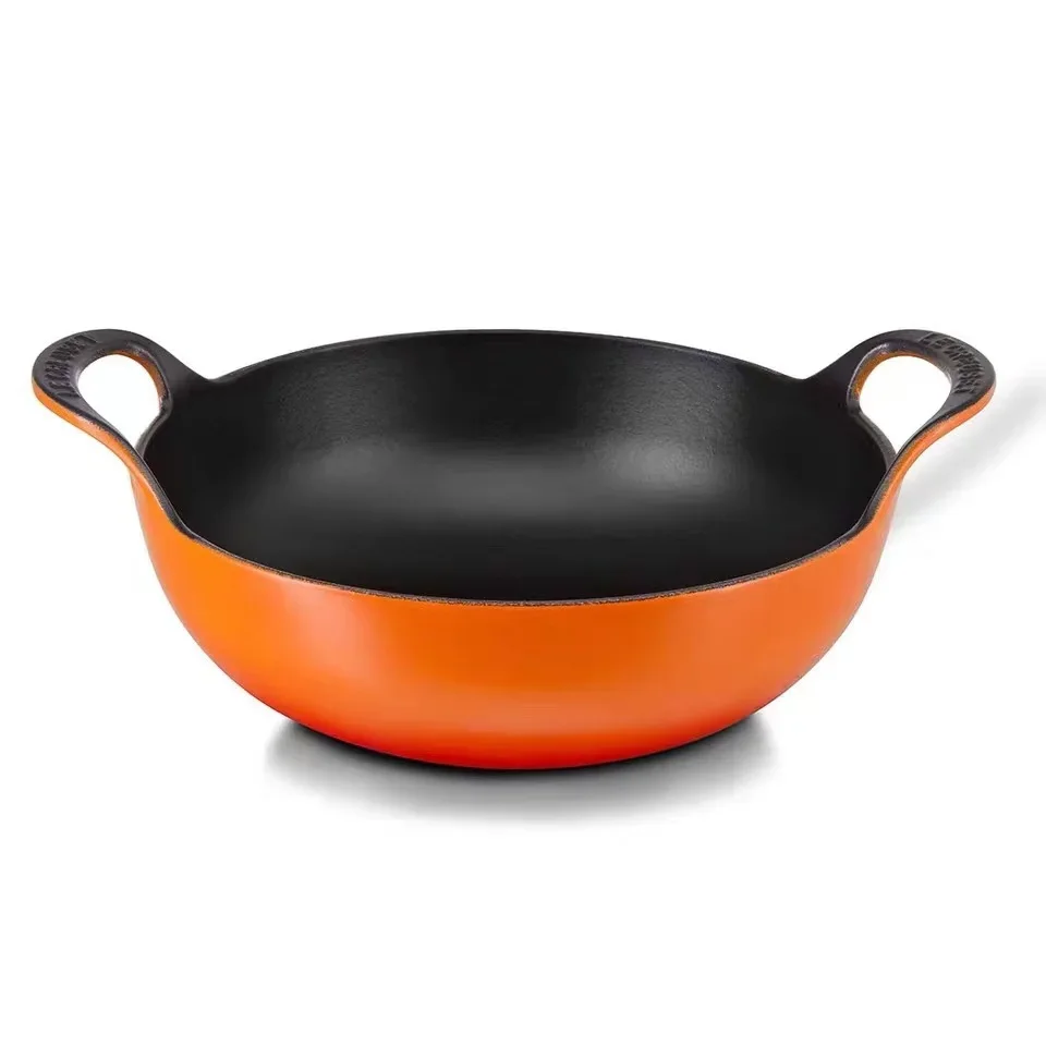 Enamel Cast Iron Wok 24cm Black Liner With Wood Cover Soup Pot Non-stick Pans Kitchen Helmet Mommy Small Wok