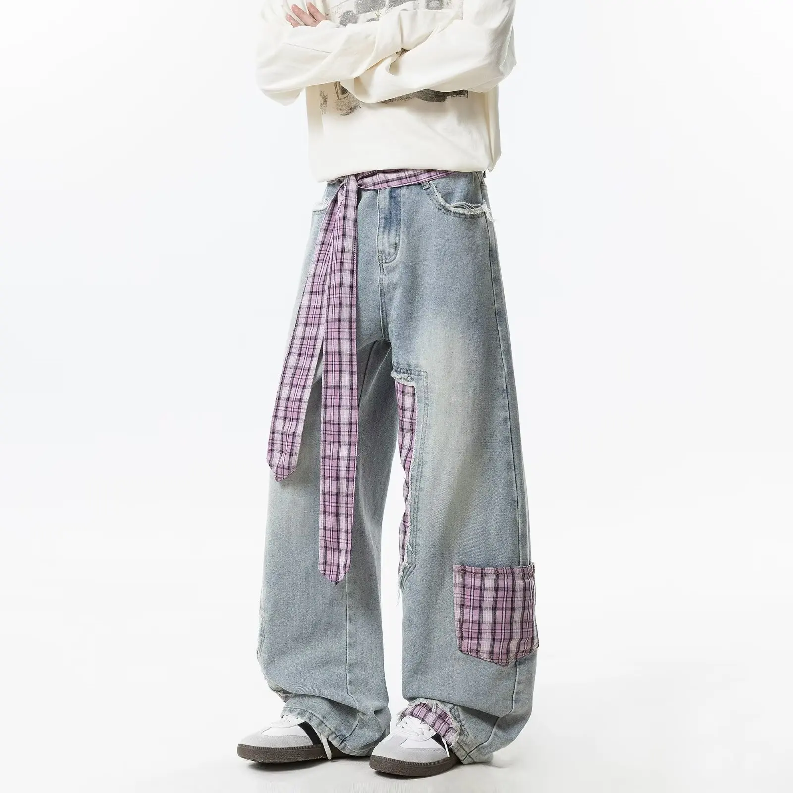Men's Extra Long Wide Leg Denim Trousers Plaid Patchwork Bow Strap High Waist Loose Fit Y2K Vintage Casual Jeans