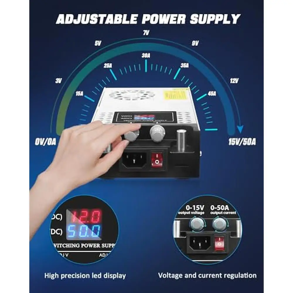 Adjustable 600W Universal Power Supply 110V to 12V Converter 0-15V 0-50A Regulated with LED Screen and Cooling Fan Industrial