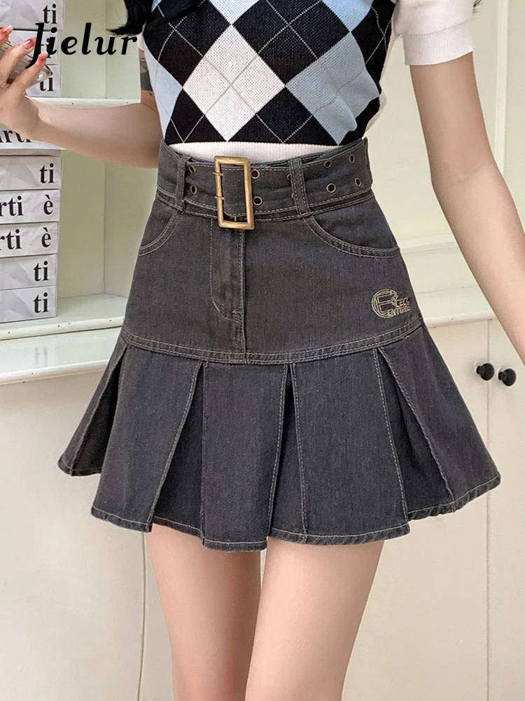 Jielur Casual Embroidery High Waist Denim Skirt Women Summer Black-gray Short Skirts Female Preppy Style A-Line Mini Skirts Lady