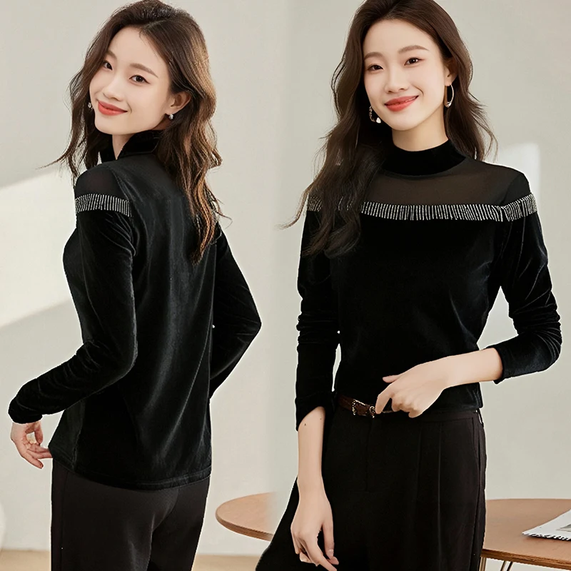 2024 New Fashion Gold Velvet Women Blouse Casual Long Sleeve Bottoming Shirt Autumn Winter High Collar Patchwork Mesh Tops