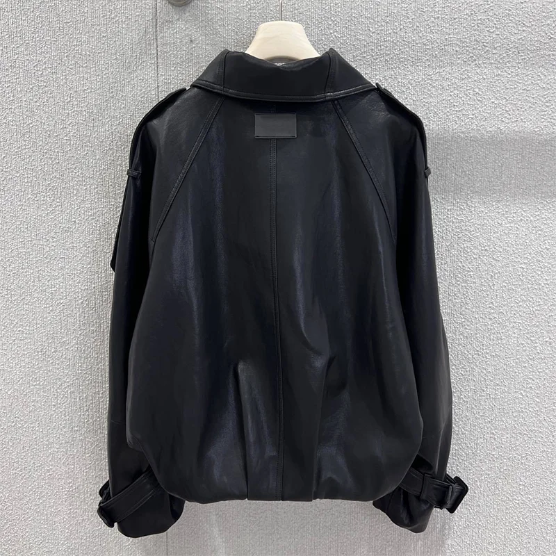 Cappotto in pelle da donna doppiopetto moderno retrò lussuoso di alta qualità con colletto ampio Giacca elegante e aderente 25102250