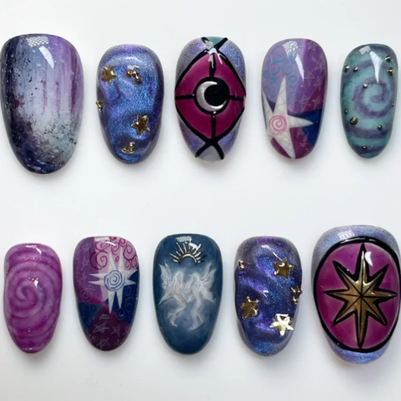 24 kit de unhas postiças vestíveis, enviado aleatoriamente; Unhas postiças com luz das estrelas pérola em forma de amêndoa; unhas prensadas com flores artísticas.