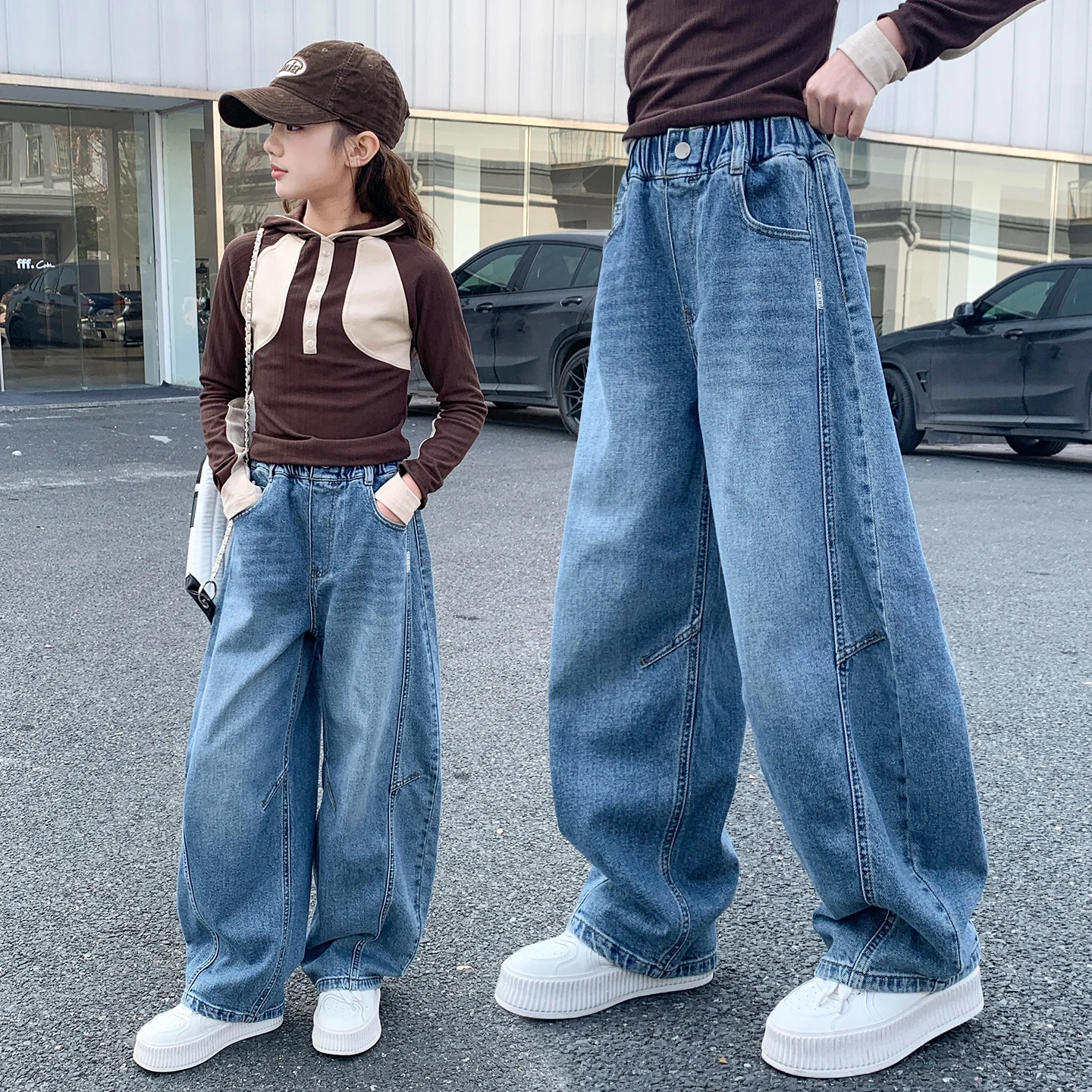 

Big Girls Light Blue Denim Simple Straight Jeans with Patchwork Casual Fashion Wear for Kid Tweens 4-14 Y Spring Summer Daily