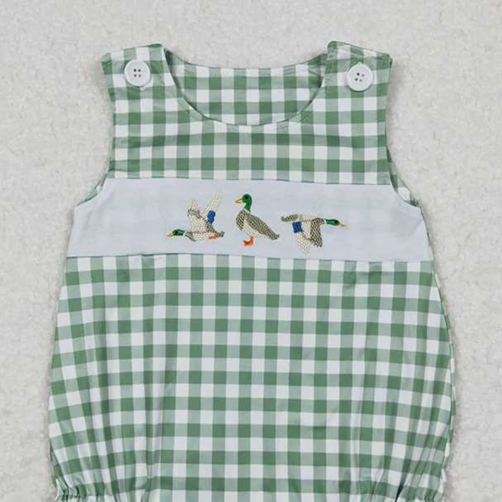 SR1066 Baby Infant Boys Green Checkered Duck Sleeveless Rompers
