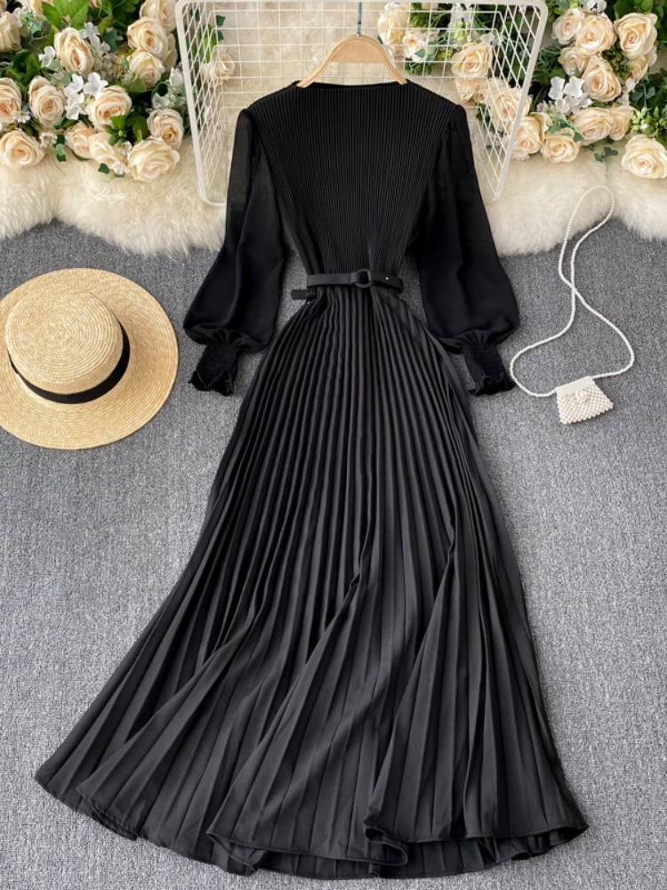 Spring Summer Patchwork Puff Long Sleeve Pleated Muslim Long Dresses Ladies Party Dress New 2023 Women Elegant Maxi Dress