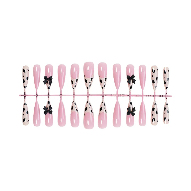 24pcs Nude Color Black Bowknots Press On Nails Glossy Pink Leoprint Print French Style False Nails Long Almond Wearable Manicure