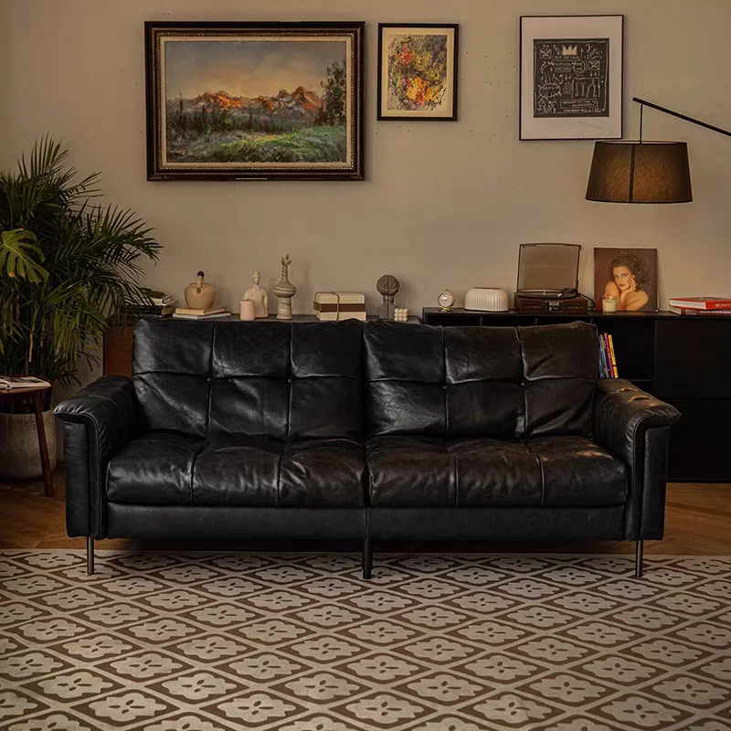 French retro Nebula sofa, middle-aged small apartment straight-row sofa, cigar bar, whiskey oil wax leather buckle sofa
