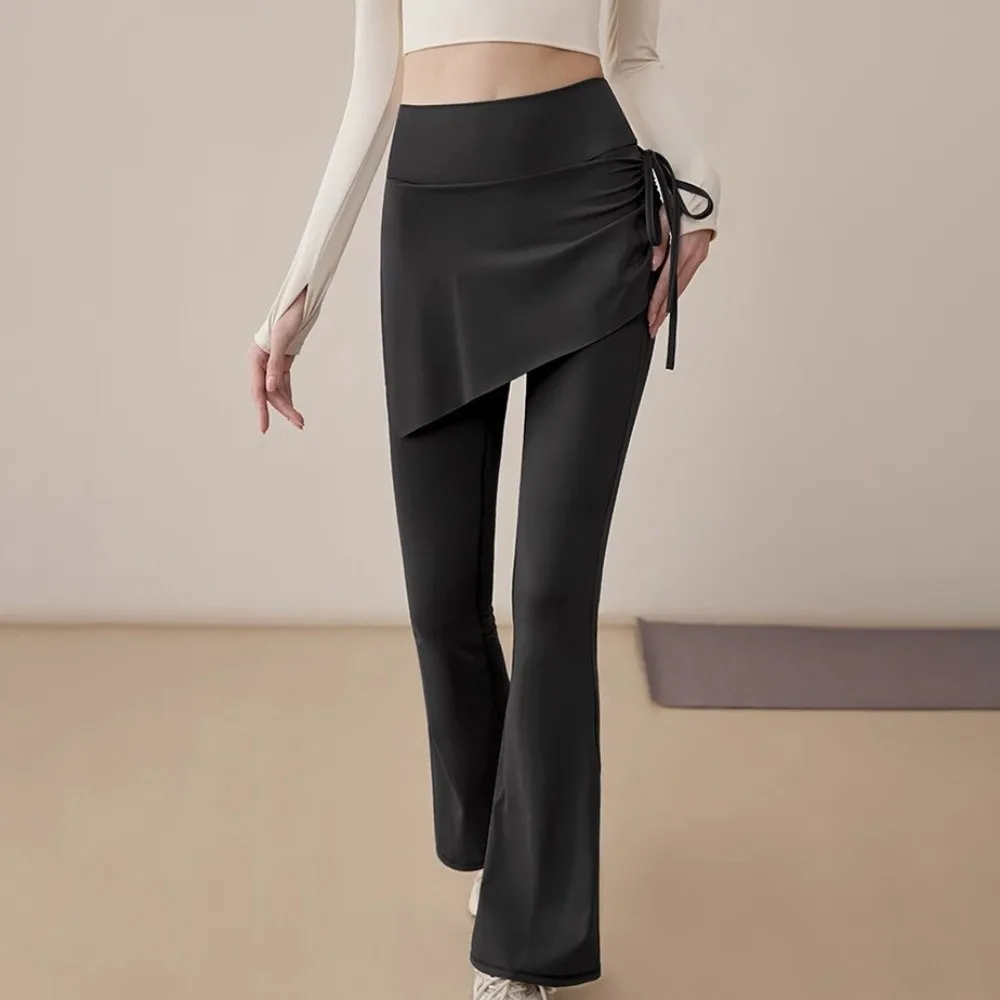 

Women Tights Skirt Design Fitness Leggings 2 in 1 Flare Hem Sports Leggings Drawstring High Waist Sports Yoga Pants Jogging