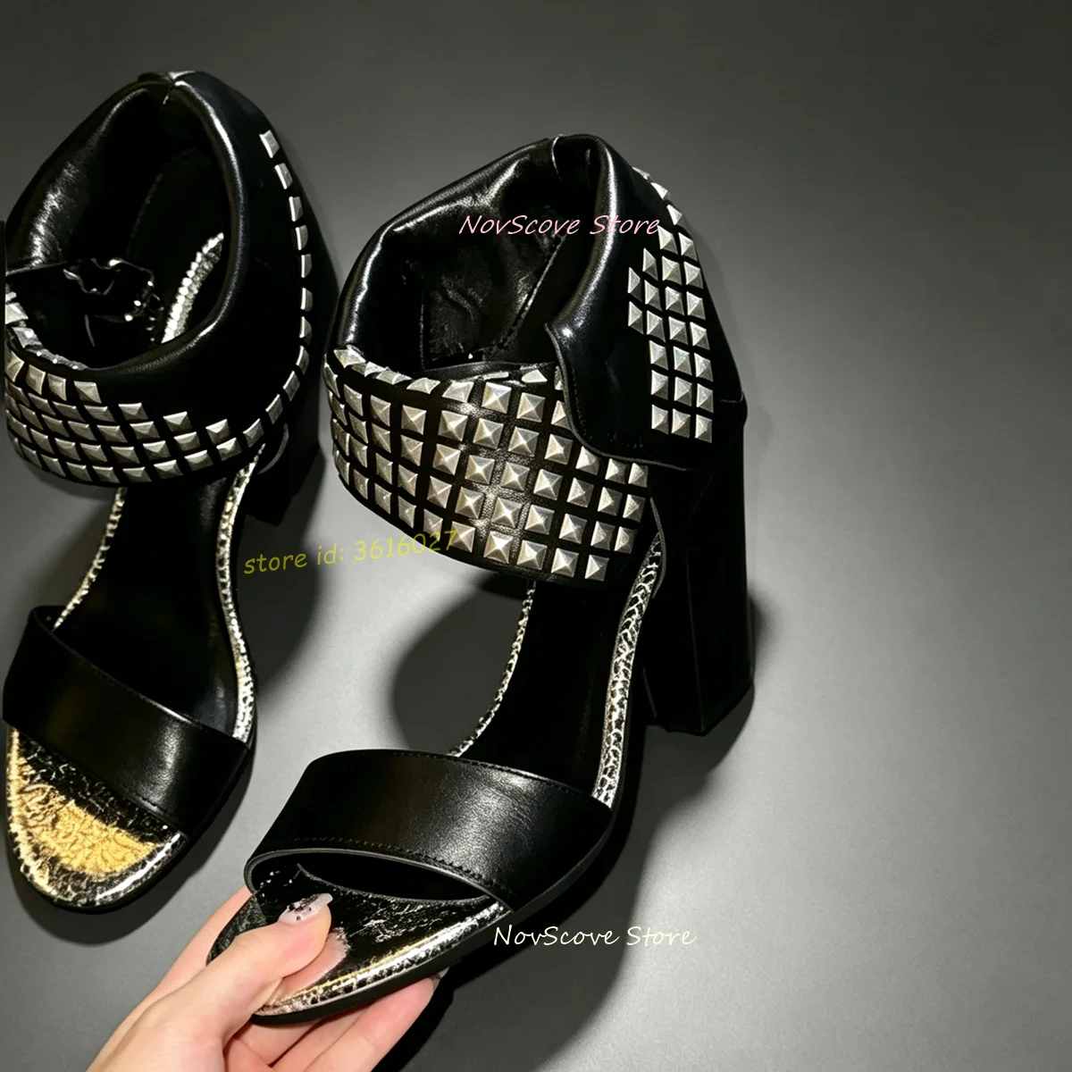 Open Toe Studded Sandals Ankle Rivets Decor Leather Wrapped Block High Heels Sandals Cutouts Summer Cool Girl Party Shoes