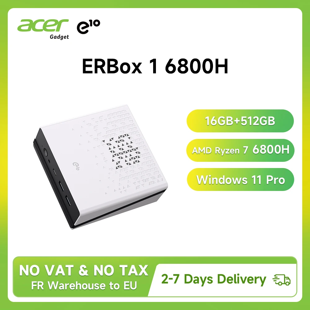 Acer Gadget E10 Mini-PC AMD Ryzen 7 6800H ERBox 1 Mini-PC Windows 11 Pro Desktop-Computer 16GB LPDDR5 512GB Max. 4,7GHz WiFi6 BT5.3 Max. 4K Desktop