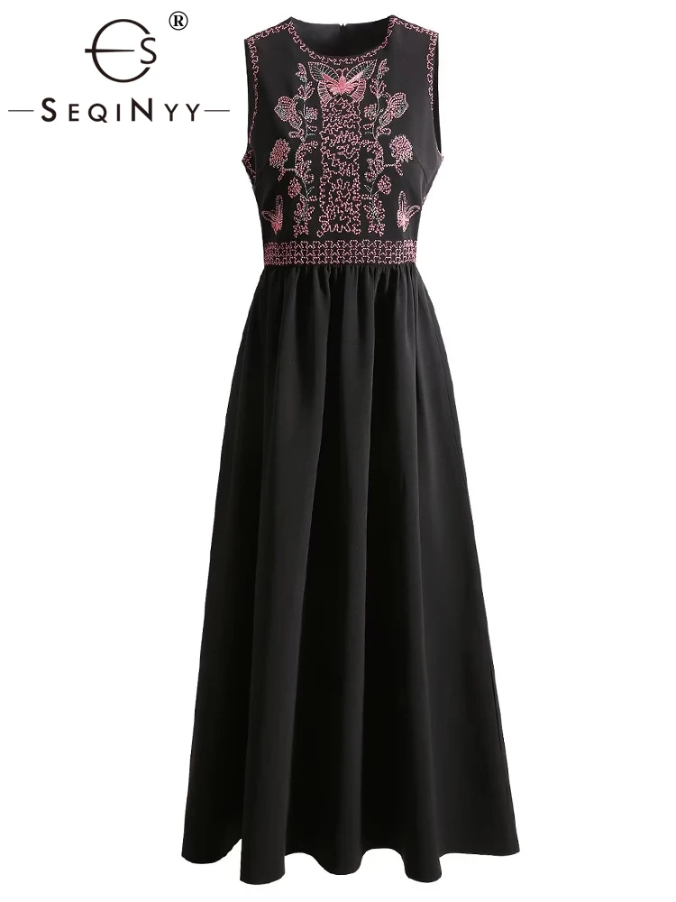 

SEQINYY Black Dress Spring Autumn New Fashion Design Women Runway Pink Embroidery Flower Butterfly A-Line Vest