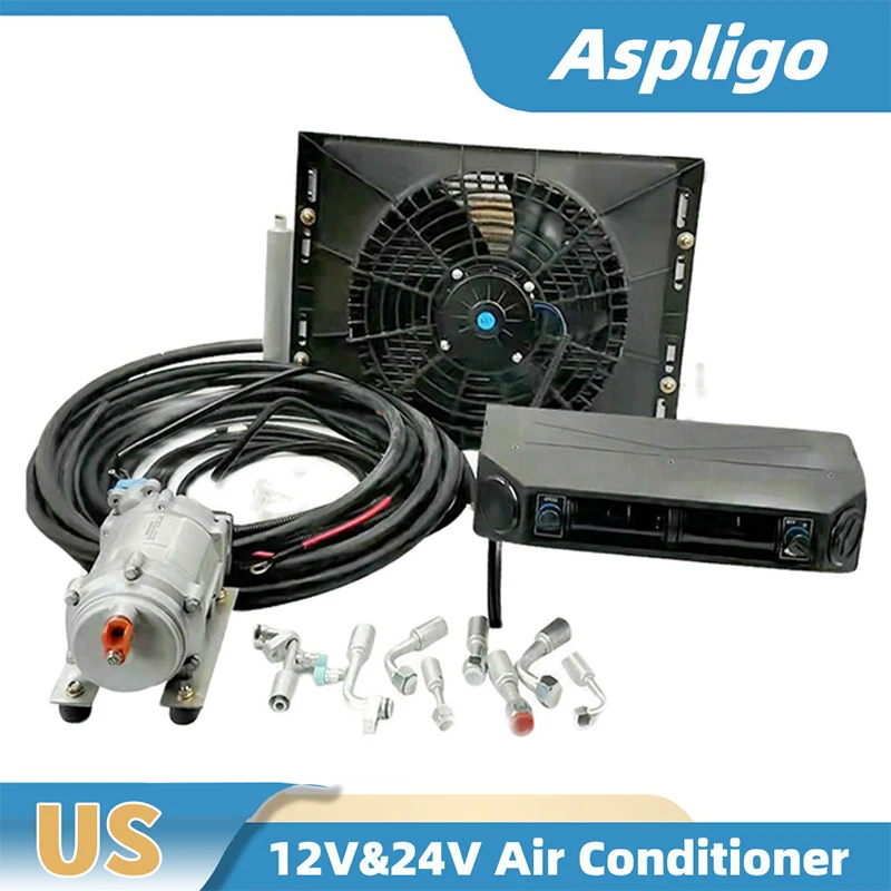 Aspligo 12v 24V Electric Car Air Conditioner Heat Cool Under Dashboard Air Conditioning for Automotive Truck Camper Motorhome