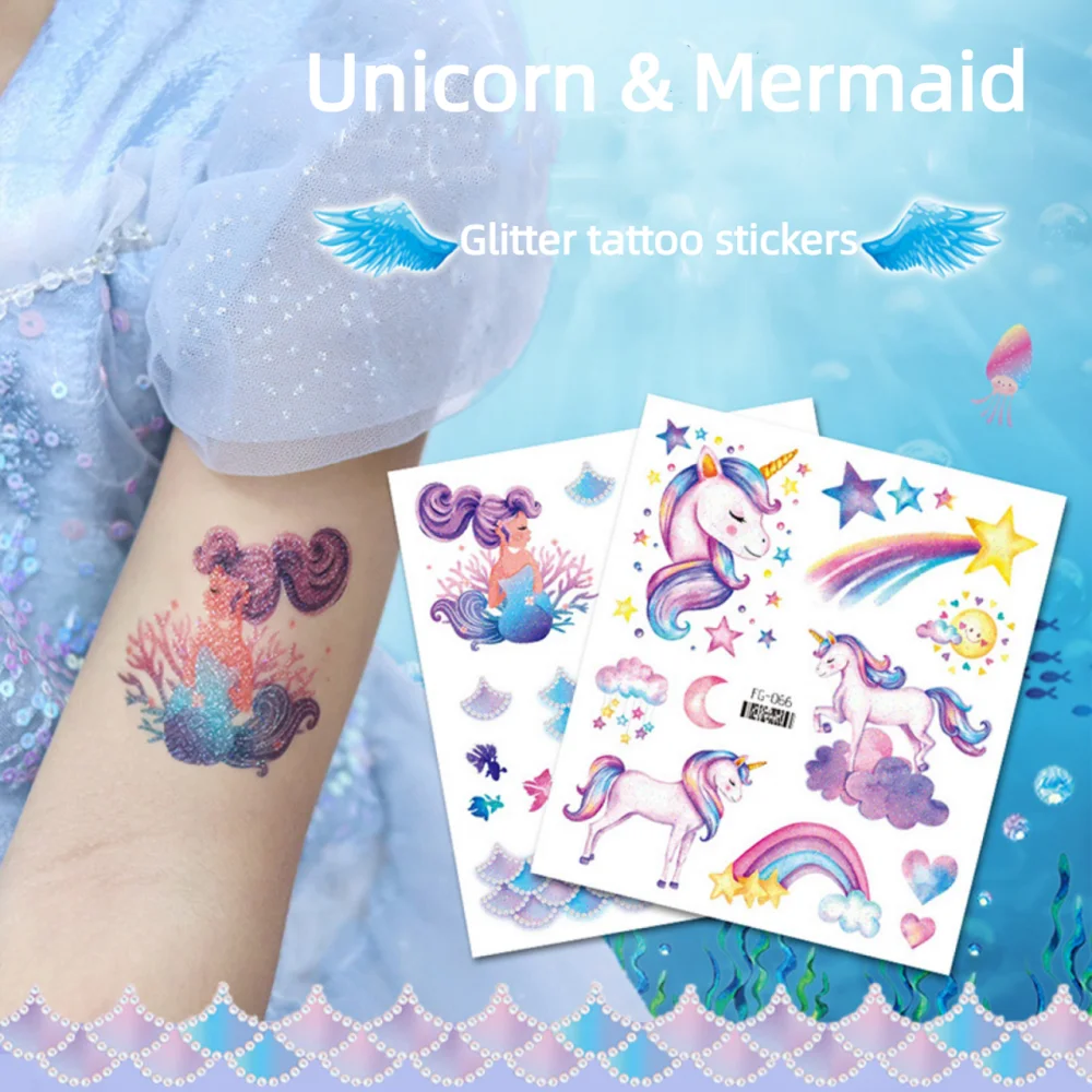 12 stks Glitter Zeemeermin Eenhoorn Waterdichte Tijdelijke Tattoo Sticker Cartoon Regenboog Flash Tattoo Voor Kinderen Arm Body Art Nep Tatoeages