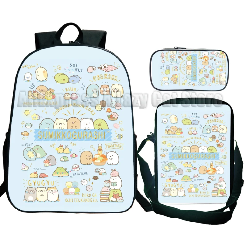 Sumikko gurashi anime mochila, mochila escolar, desenhos animados, bonito, presente para crianças, 3pcs