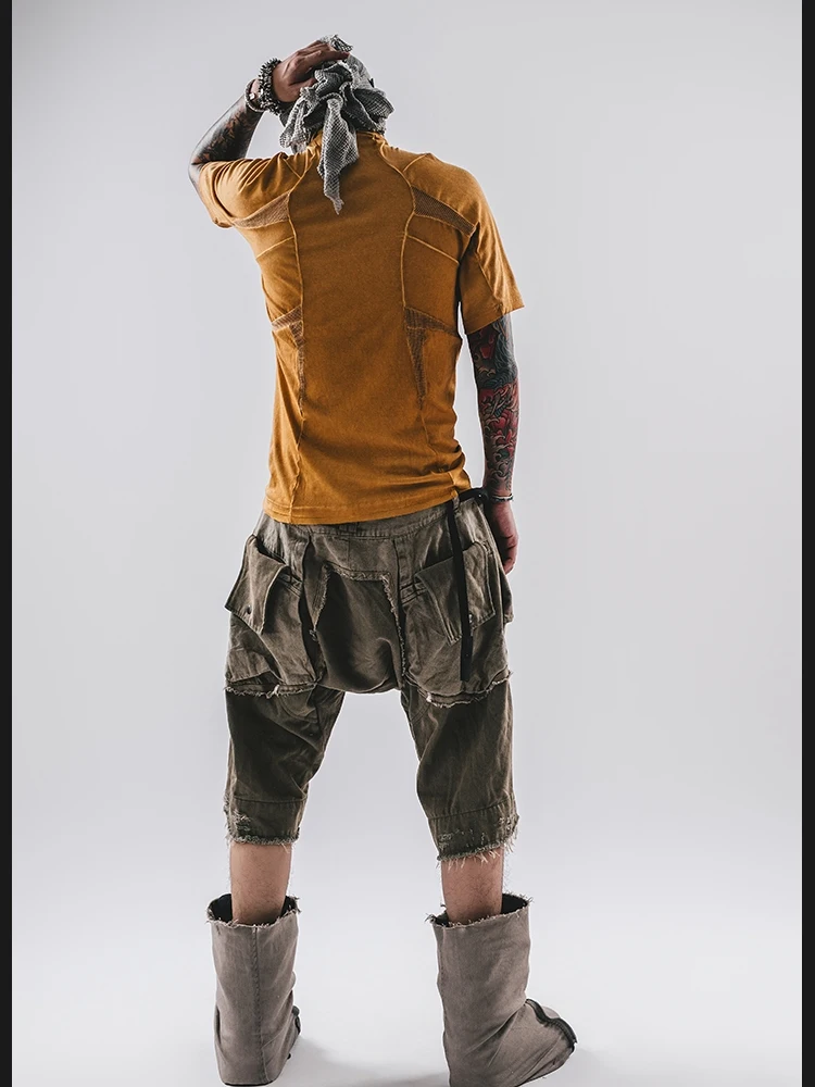 24SS Tees T-shirts Men's Summer Mesh Breathable Splicing Deconstructing Waste Soil Washed Into Old Cotton Short Sleeved T-shirt