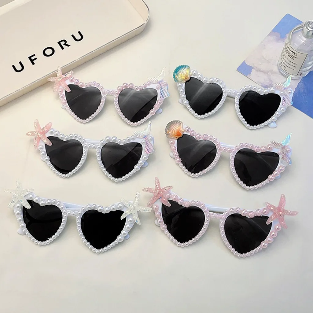 Heart Shaped Sunglasses Stain-Resistant Uv400 Sunglasses Pearl Decor Sunglasses Decorative Women'S Fashion Eyewear For Stage