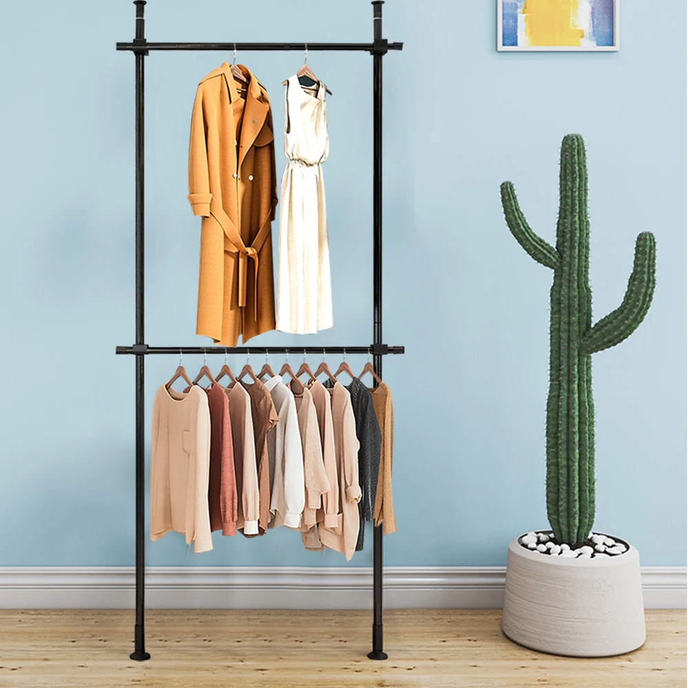 Floor to Ceiling Heavy Duty Garment Rack, Metal Adjustable Height Clothing Hanging Rack, 2 Tier Free Standing Cloth Storage Rack