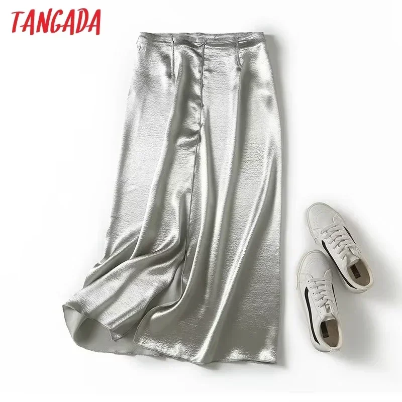 Tangada 2023 Women Solid Silver Satin Skirt Zipper Ladies Chic Midi Skirt 4C132