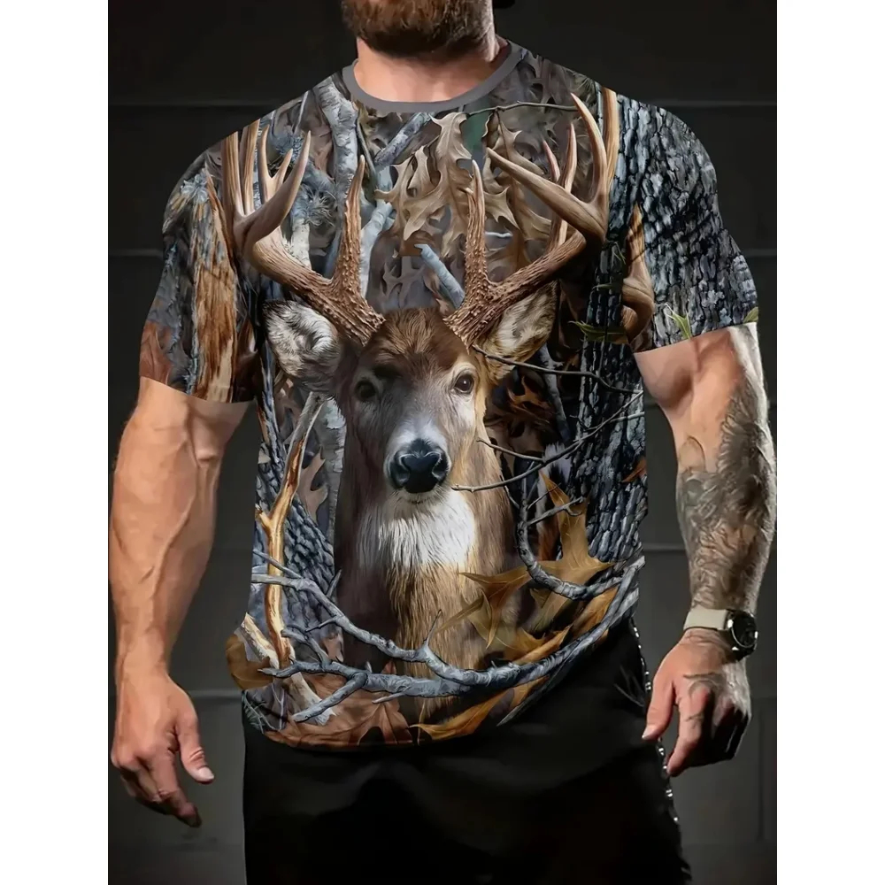 Elk Animal Forest Series Men\'s T-Shirt Fashion Short Sleeve Summer 3d Printed Men Clothing T Shirt Men Vintage Daily Casual Tops