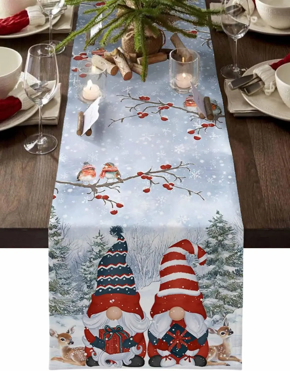 

Christmas Gnomes Snowflake Linen Table Runner Party Decor Winter Xmas Tree Birds Pine Forest Table Runners Christmas Decorations