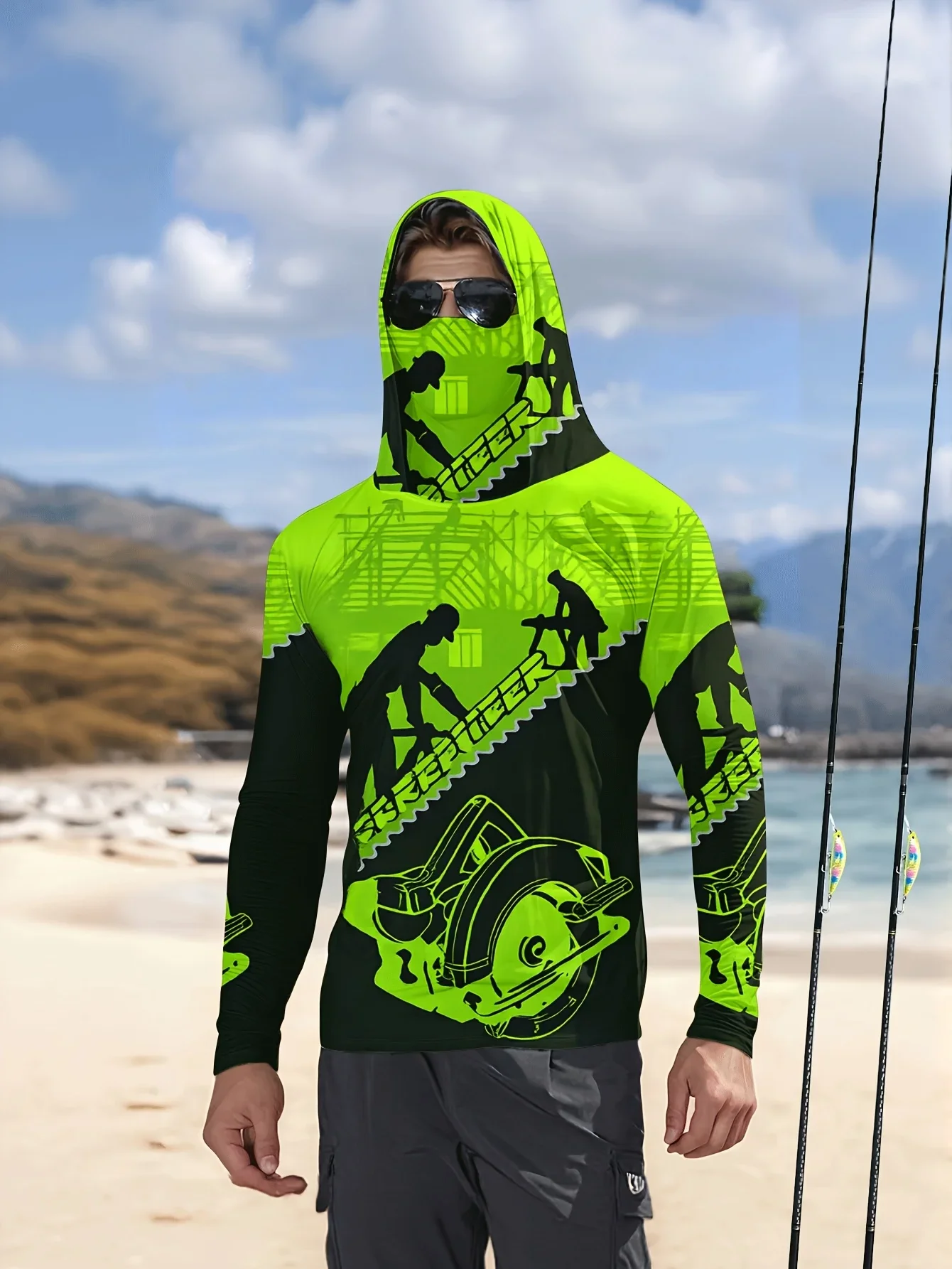 Men's UV Protection Hooded Face Mask Carpenter Tool Print Quick Dry Long Sleeve Fishing Shirt Outdoor Work Hiking for Adult Men