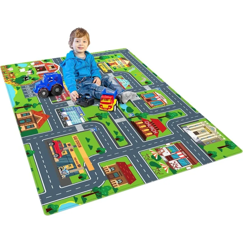 Kids Playmat Carpet for Playroom Bedroom Living Room Decor Play Rugs Town City Road Map Rug Anti-slip Crawling Track Play Rug