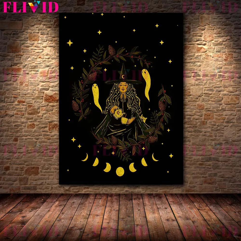 Flying Witch,Full Moon And Ghost Vintage Wall Art Canvas Painting Terrible Moon And Skeleton Moth Art Poster Print Home Decor