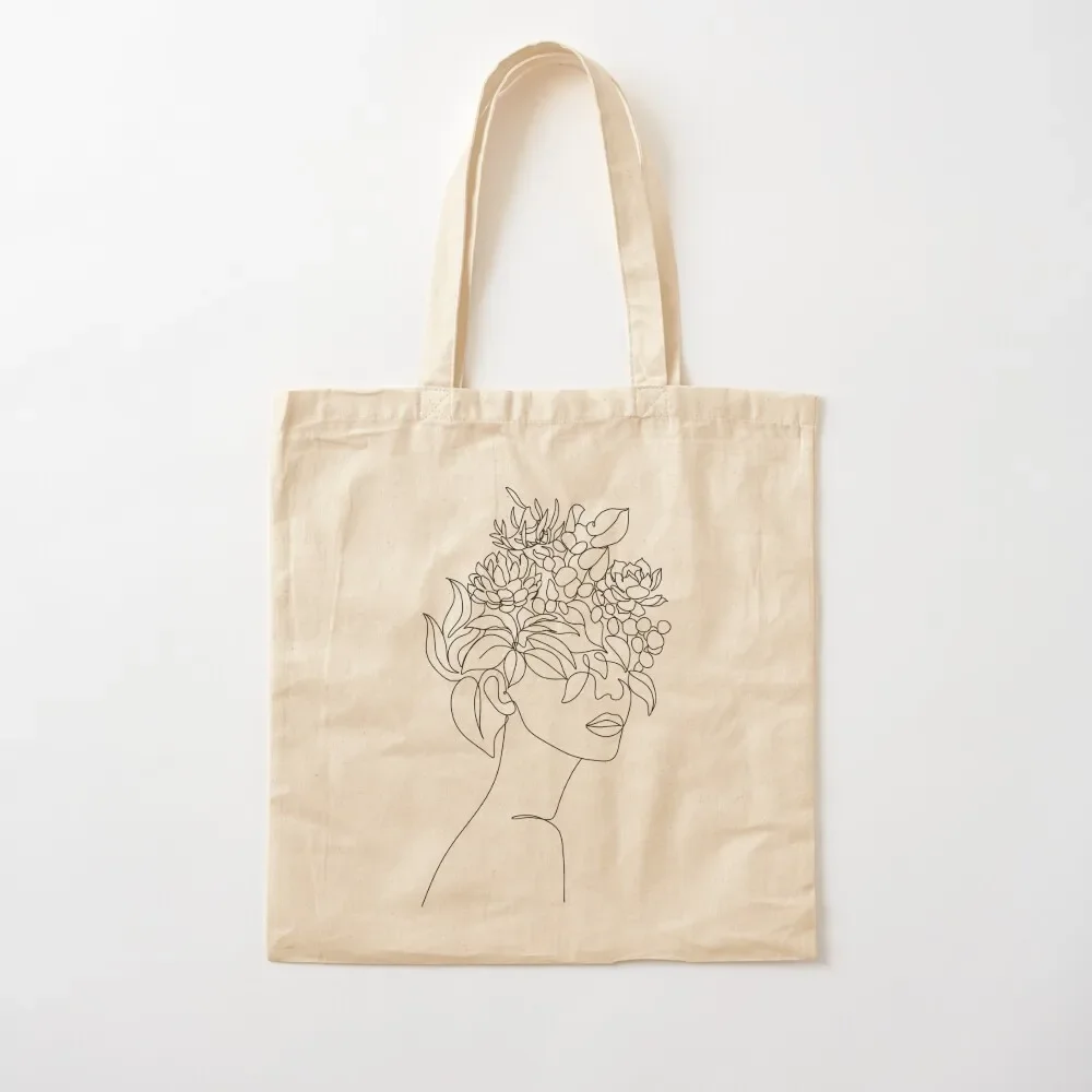 Plant Head Woman Art Print Woman With Plants on Head Poster Flower Woman Wall Art With Flower Head Print Line Drawing Tote Bag