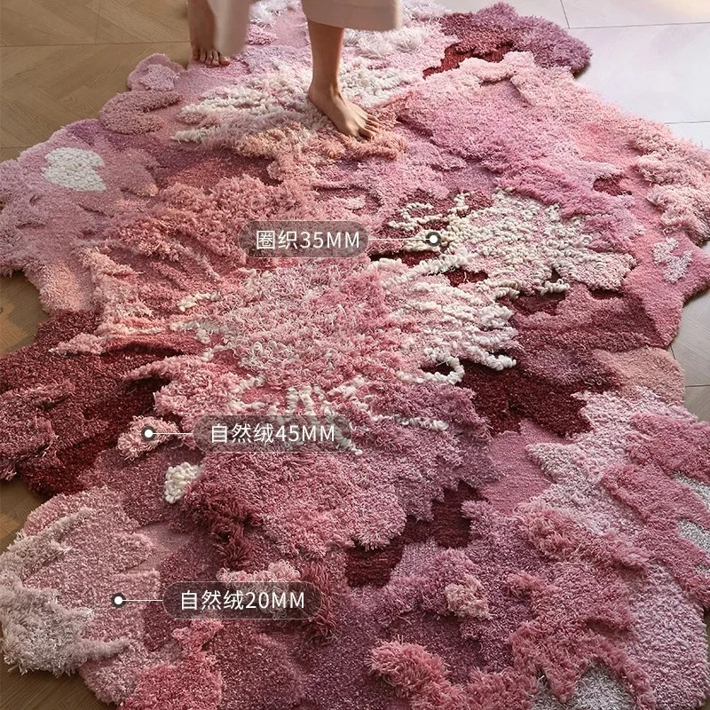 Handmade irregular art wind carpet living room wool pink flower sea high-end romantic bedroom bedside blanket