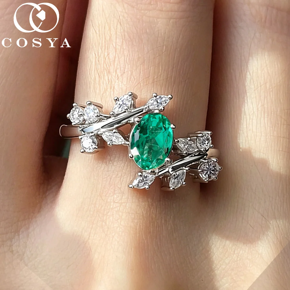 

COSYA 1CT Oval Cut Lab Grown Colombian/Zambian Emerald Rings For Women S925 Silver Luxury Wedding Band Engagement Jewelry Gift
