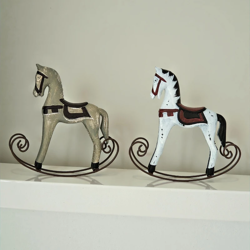 European Retro Nostalgic Wooden Iron Rocking Horse Ornaments Living Room Study Desktop Home Decoration Exquisite Gifts