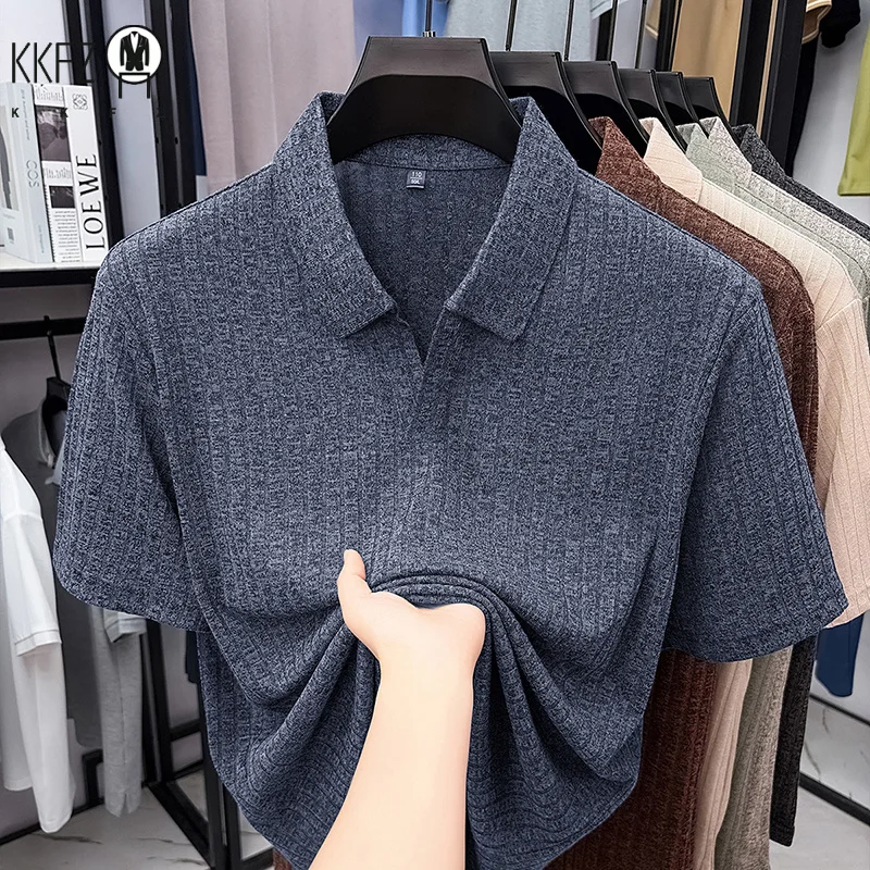 Everyday Basic Vertical Ribbed Male Polo Soft Marled Knit Home Rest Daily Commute Leisure Matching Garment