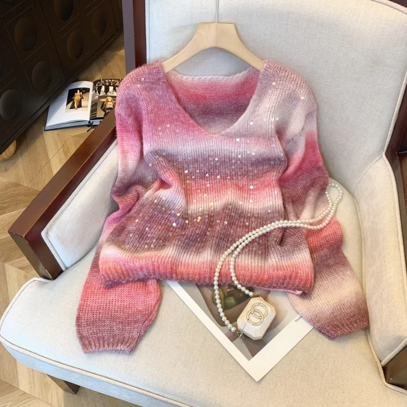 Sweet Girl New Autumn Winter Gradient Color Knitting Sweater Tops Lazy Fashion Women V Neck Sequins Soft Mohair Loose Pullovers