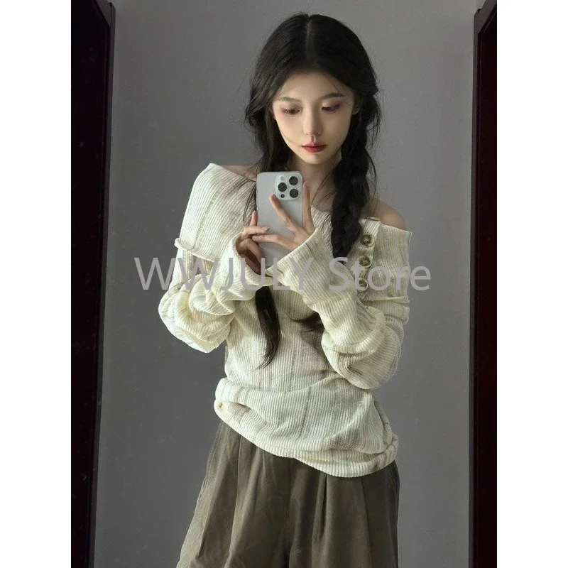 Y2k Off Shoulder Women Sweater Korean Style Long Sleeve Knit Pullovers Harajuku Slash Neck Jerseys Slim Autumn Vintage 2024