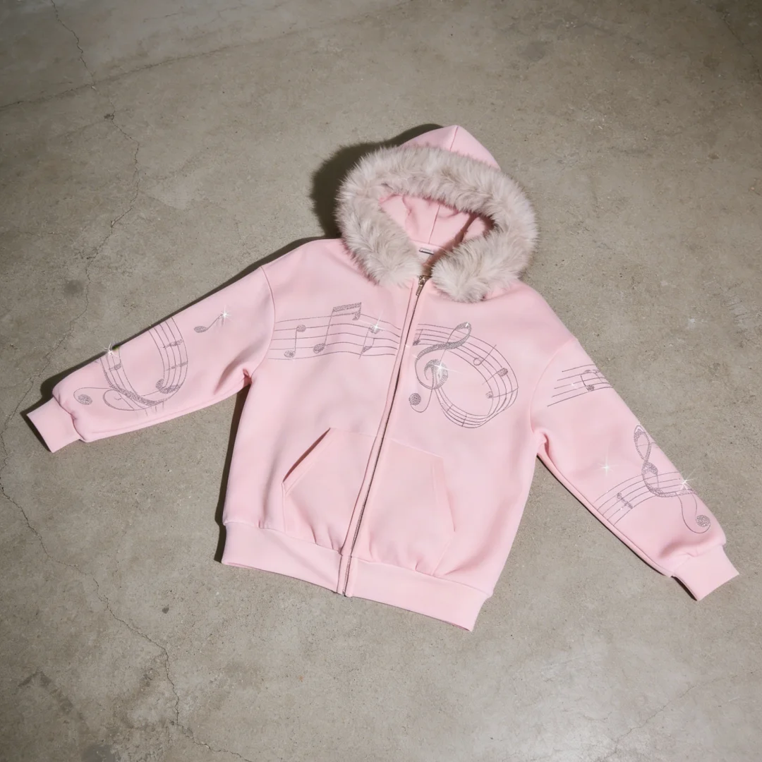 Women's Casual Daily Outerwear Pink Embellished Music Score Print Faux Fur Trim Hooded Full Zip Sweatshirt 2026 - view 3